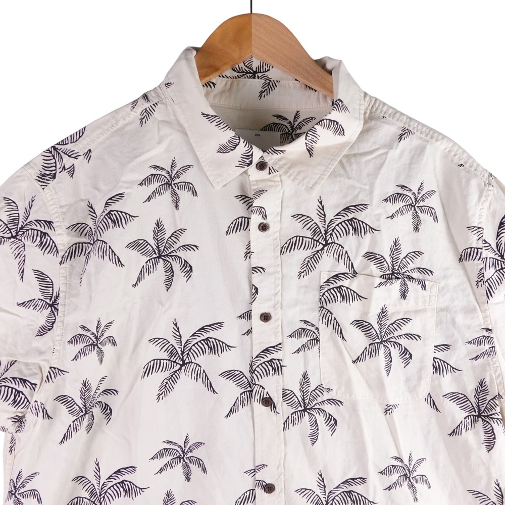 Katin Mens XXL Palm Tree Print Short Sleeve Button Down Shirt Cream Cotton Blend